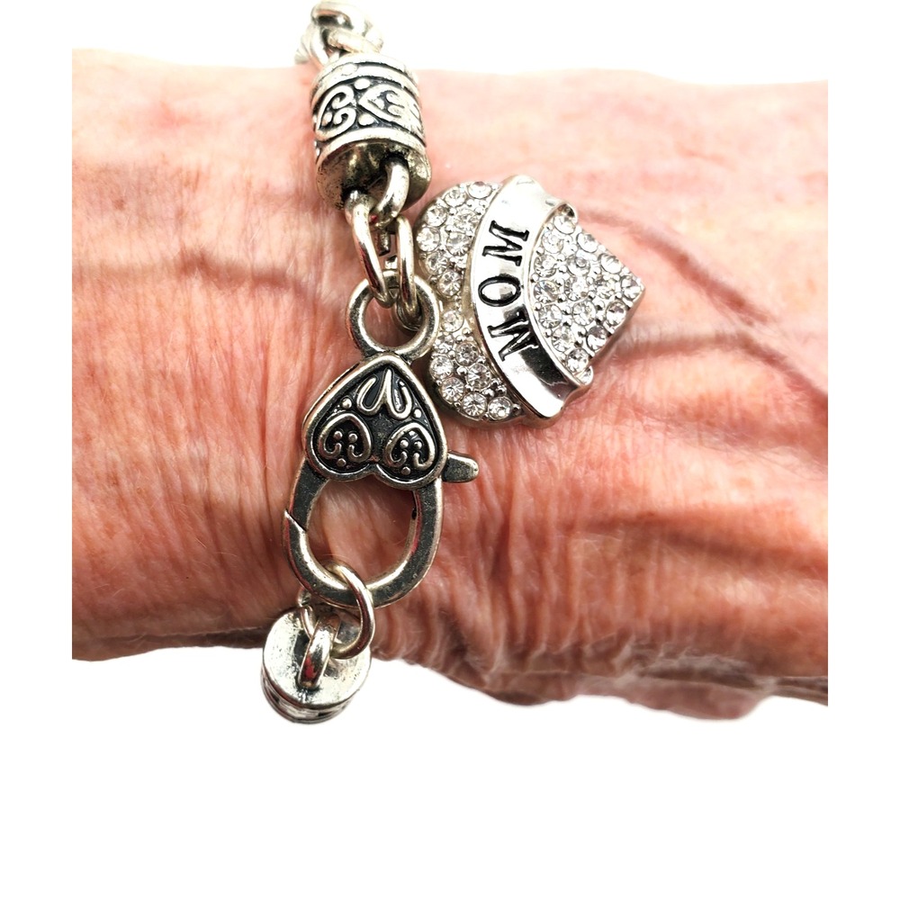 Mom Bracelet Heart Charm Rhinestone Chunky Silver Tone 8 Inch